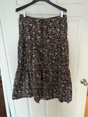 Old Navy Black Floral Tiered Midi Skirt with Rust and Light Blue Accents